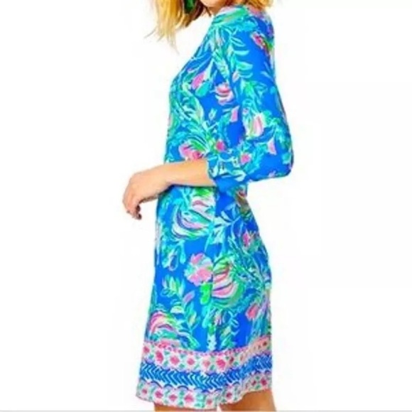 Lilly Pulitzer Sophie Boat Neck Gold Button Dress Blue Flare Fancy Fins Print - Picture 3 of 11